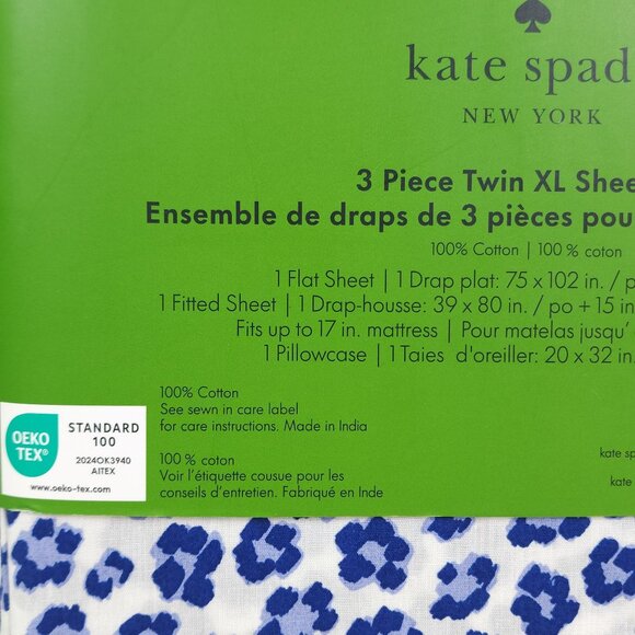 Kate Spade 3 Piece Twin XL Sheet Set Cotton Blue Leopard Print Nighttime - Picture 8 of 10